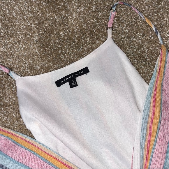 Staccato dress faux wrap mini rainbow striped fit flare side tie summer SZ LG - Picture 7 of 10